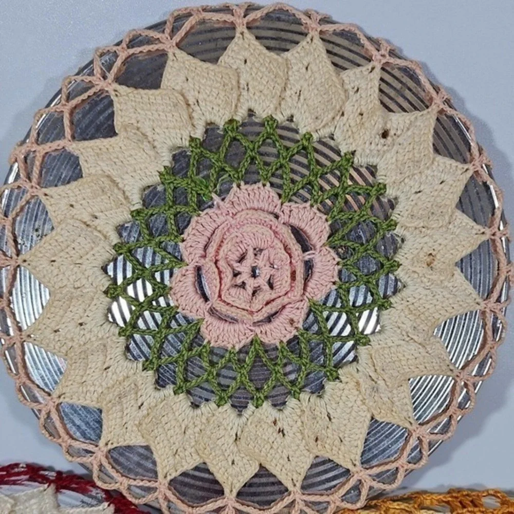 ThreeVTG 1950’s Cardboard-backed Silver Foil Trivets w/Matching Crocheted Covers